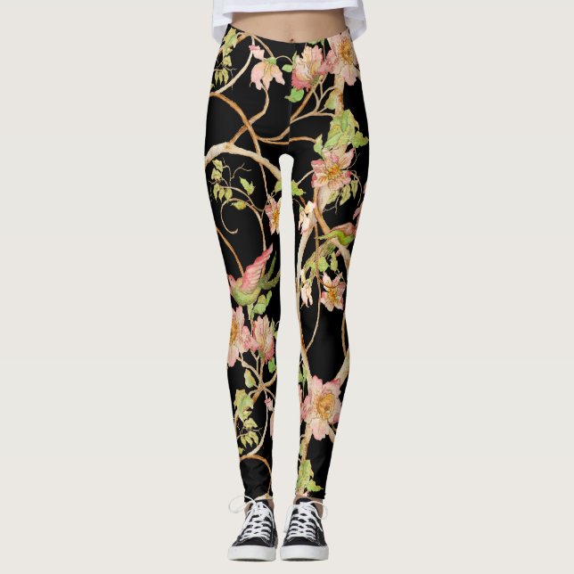 Stilvoll Moderne Chinoiserie Blumenvögel Limon Pin Leggings (Vorderseite)