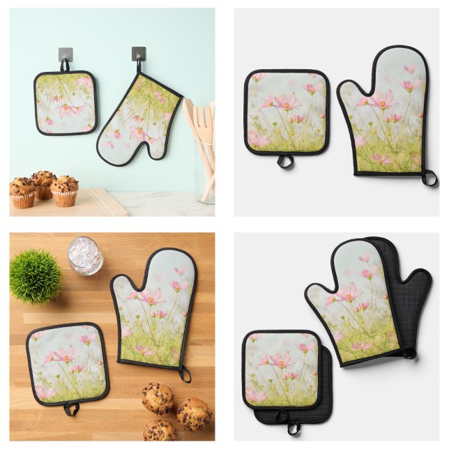 Stilvoll Niedlich rosa Bläschen Ofenhandschuh & Topflappen-Set (Stylish Cute Pink Floral Oven Mitt & Pot Holder Set
)