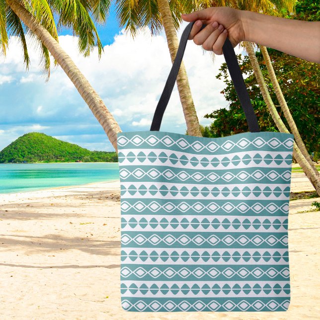 Stilvoll Niedliches Vintages geometrisches Muster  (Stylish Cute Vintage Geometric Pattern Teal White Canvas Reusable Vacation Beach Tote Bag)