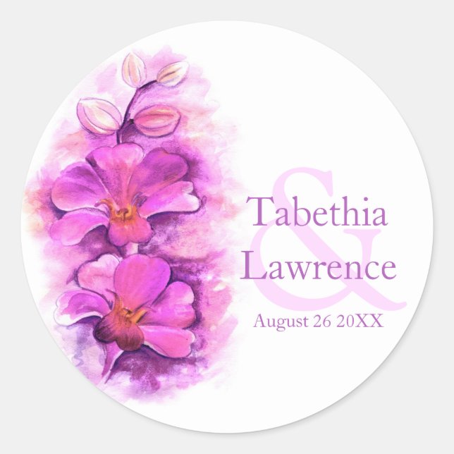 Stilvoll orchid Aquarell Rosa Hochzeitsticker Runder Aufkleber (Vorderseite)