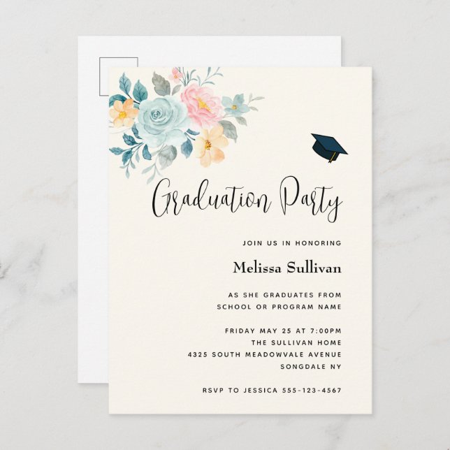 Stilvoll Pink & Blue Blume Bouquet Abschluss Einladungspostkarte (Vorne/Hinten)