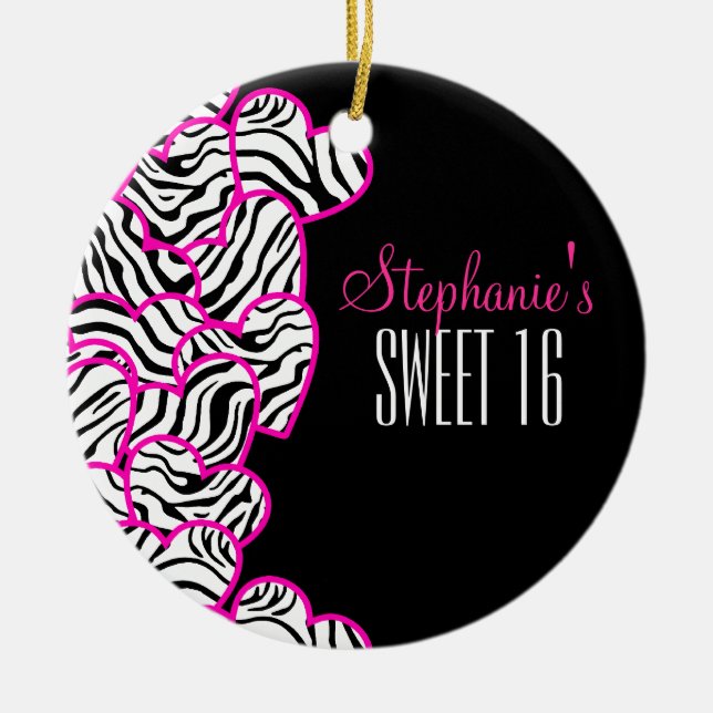 Stilvoll Pink Sweet 16 Zebra Herzdesign Name Keramik Ornament (Vorne)