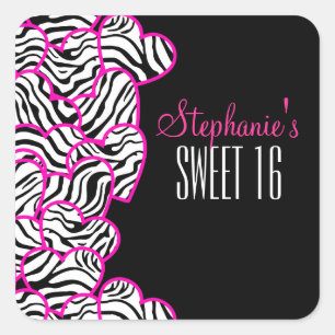 Stilvoll Pink Sweet 16 Zebra Herzdesign Name Quadratischer Aufkleber