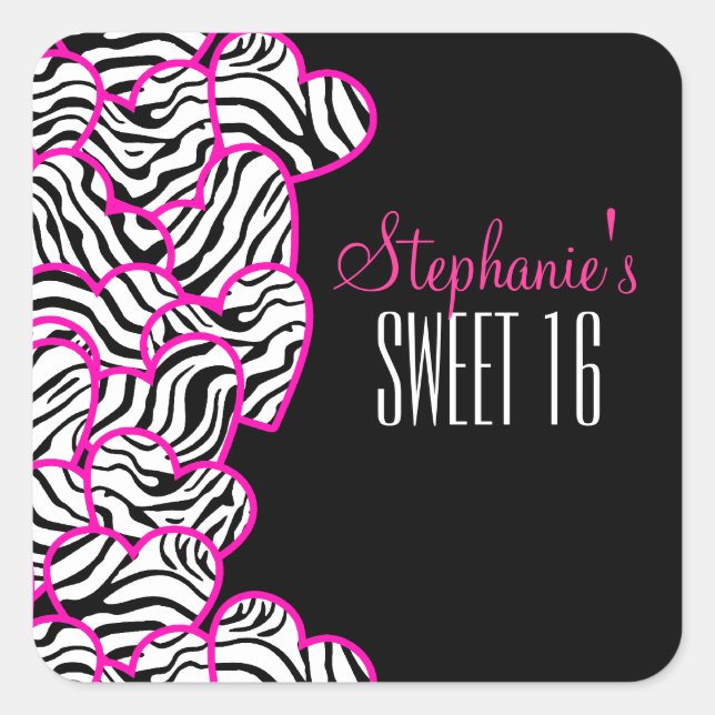 Stilvoll Pink Sweet 16 Zebra Herzdesign Name Quadratischer Aufkleber (Vorderseite)