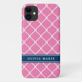 Stilvoll Pink Trellis Pattern Navy Blue Namplate Case-Mate iPhone Hülle