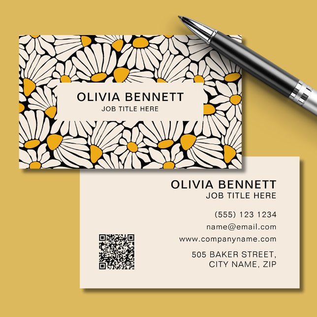 Stilvoll Retro Floral Senf botanisch Visitenkarte (Stylish Retro Floral mustard botanical Business Card. Edit online and add your own QR code.)