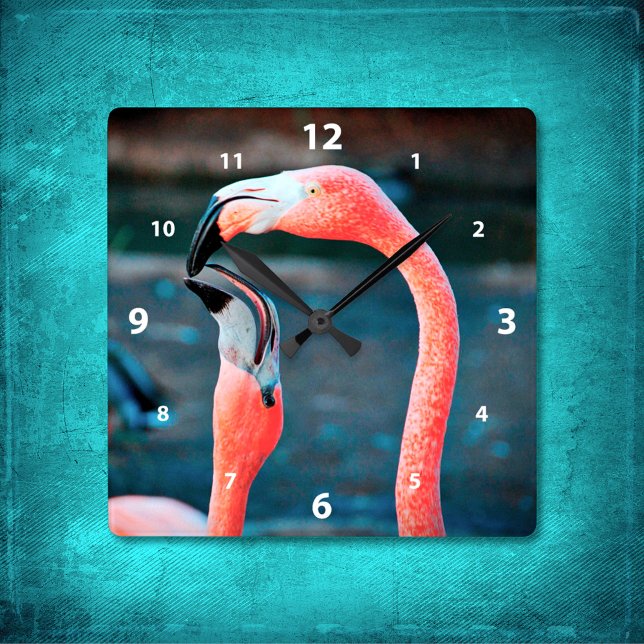 Stilvoll rosa Flamingo beste Freunde Foto modern Quadratische Wanduhr (Von Creator hochgeladen)