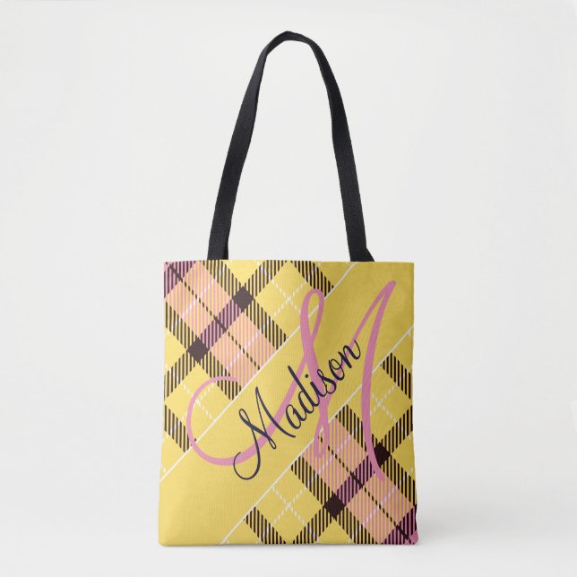 Stilvoll rosa gelbes Kariertes Tartan | Name hinzu (Vorderseite)