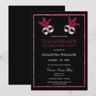 Stilvoll rosa Glitzer Masquerade 18. Geburtstag Einladung