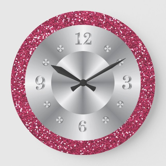 Stilvoll rosa Glitzer Silber Zahlen Große Uhr (Vorderseite)