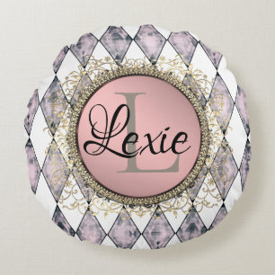 Stilvoll rosa Harlequin Monogram Rundes Kissen