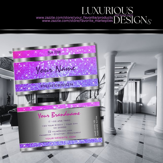 Stilvoll rosa Lila Glitzer Stars Verziert Silber Visitenkarte (Von Creator hochgeladen)