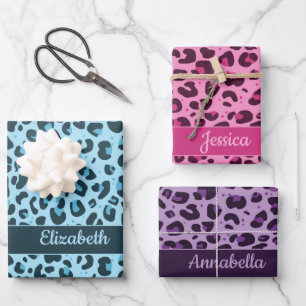 Stilvoll rosa lila Leopardendruck mit Namen Geschenkpapier Set