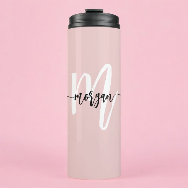Stilvoll rosa Modernes Script Girly Monogram Name Thermosbecher (Von Creator hochgeladen)