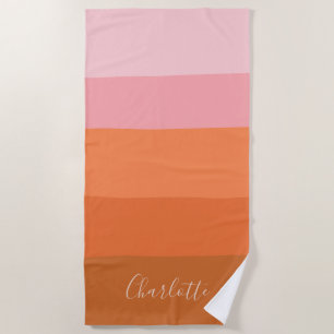 Stilvoll rosa Orange Abstrakt Stripes Script Name Strandtuch