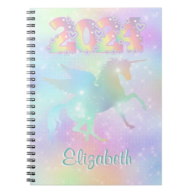 Stilvoll rosa Rainbow unicorn Glitzer 2024 Notizblock (Vorderseite)