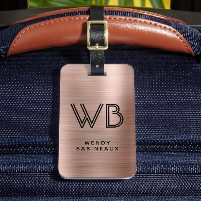 Stilvoll rosa Rose Gold Metal Two Monogram Initial Gepäckanhänger (Vorderseite Insitu 2)