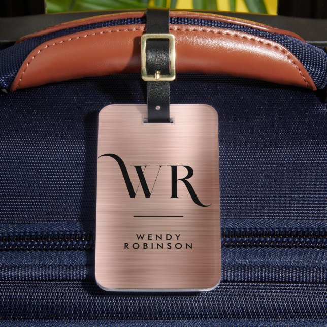 Stilvoll rosa Rose Gold Metal Two Monogram Initial Gepäckanhänger (Vorderseite Insitu 2)