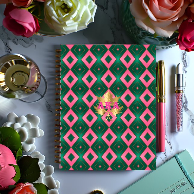 Stilvoll rosa und grün Mit Monogramm Notebook Notizbuch (Stylish Pink and Green Monogrammed Planner in Glossy Paper or Matte Hard Cover )