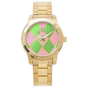 Stilvoll rosa und grüne Raute Monogram Armbanduhr