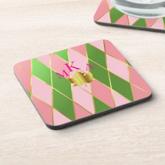 Stilvoll rosa und grüne Raute Monogram Getränkeuntersetzer (Linke Seite)
