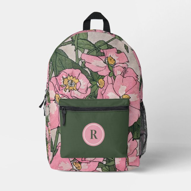 Stilvoll rosa Vintage Floral Monogramm Bedruckter Rucksack (Vorderseite)