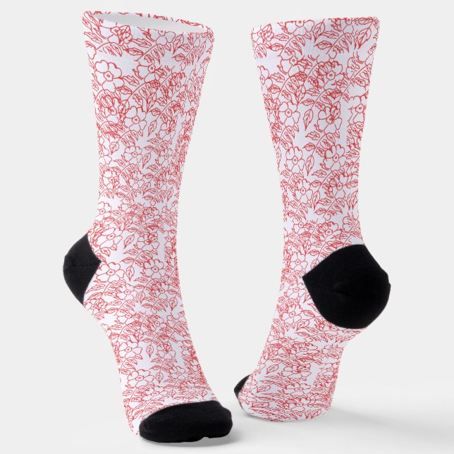 Stilvoll rotes Blumenmuster auf Weiß Socken (Gewinkelt)