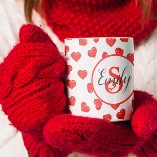 Stilvoll Rotes Herzmuster auf mit Monogramm Weiß Kaffeetasse