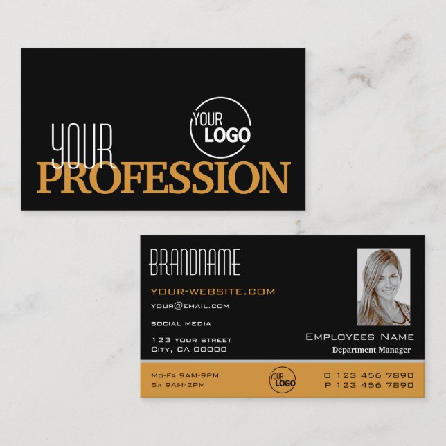 Stilvoll Schwarz Orange Einfach mit Logo und Foto Visitenkarte (Vorne/Hinten)