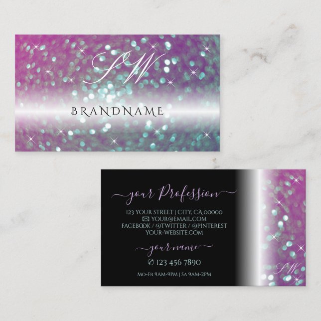Stilvoll Schwarz-Rosa-Aquamariner Glitzer Monogram Visitenkarte (Vorne/Hinten)