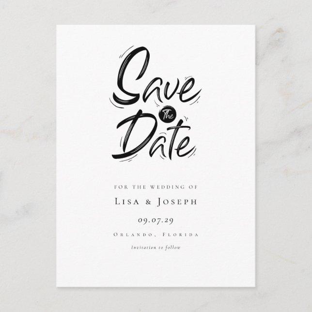 Stilvoll Schwarz und Weiß Save the Date Postkarte (Vorderseite)