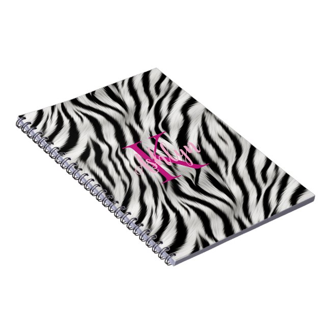 Stilvoll Schwarz-weißes Zebra Animal Pink Monogram Notizblock (Rechte Seite)