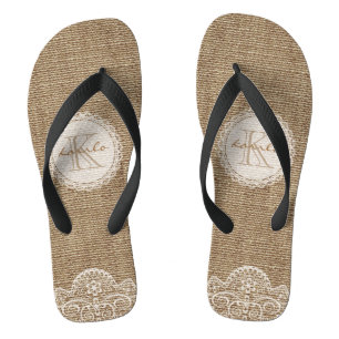 Stilvoll Shabby Rustic Burlap Lace Wedding Monogra Flip Flops