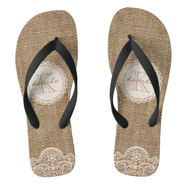 Stilvoll Shabby Rustic Burlap Lace Wedding Monogra Flip Flops (Fußbett)