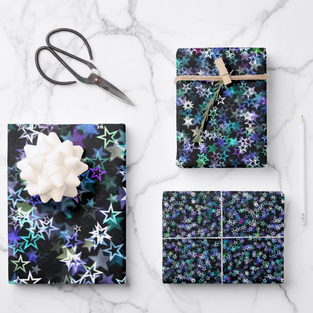 Stilvoll Trendy Cluster of Stars Theme Blue Lila Geschenkpapier Set (Vorderseite)