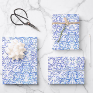 Stilvoll weiß und blau Floral Wasserfarbe elegant Geschenkpapier Set