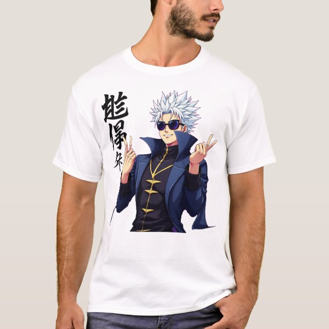Stilvoll weißhaariger Anime-Charakter mit Sunglass T-Shirt (Vorderseite)