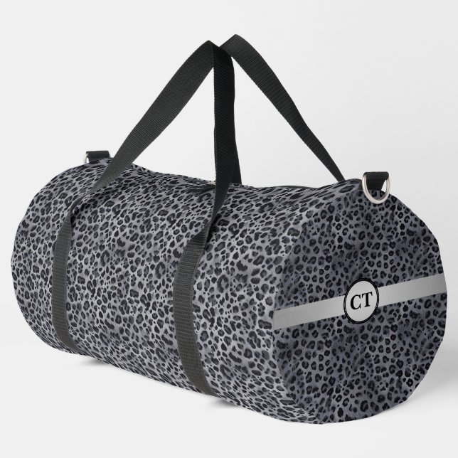 Stilvoll Wild Personalisiert Gray & Black Leopard Duffle Bag (Linke Ecke)