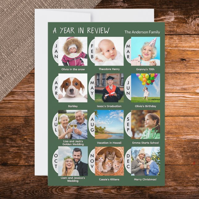 Stilvolle 12-Foto-Kollektion Dunkelgrün Feiertagskarte (A Christmas card with 'Year in Review' design, with custom photo and caption for every month)