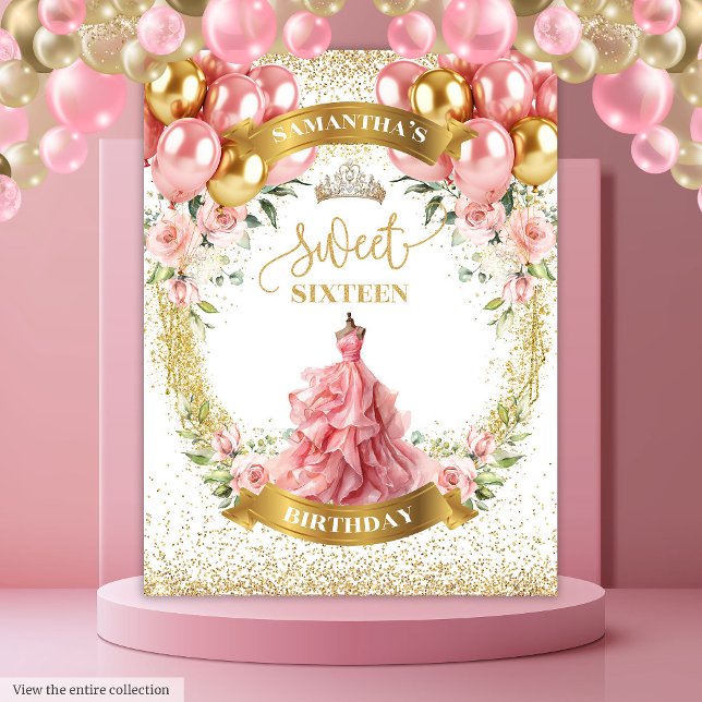Stilvolle 16 . Geburtstag Backdrop Blush Dress Gol Wandteppich (Stylish Sweet Sixteen Backdrop Blush Dress Gold Glow)