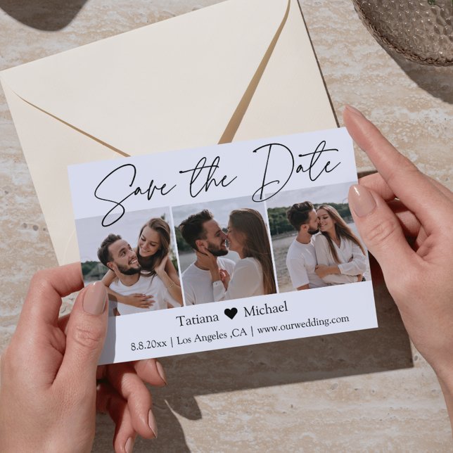 stilvolle 3-Foto-Collage Save the Date Ankündigungspostkarte (Von Creator hochgeladen)