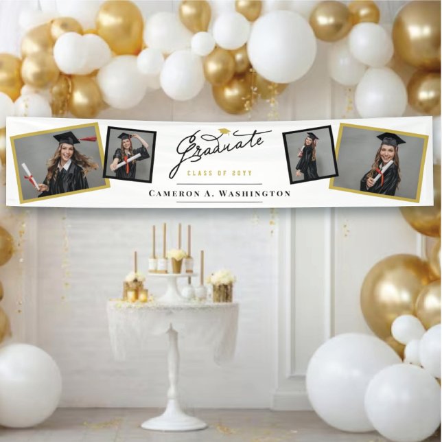 Stilvolle 4-Foto-Graduate-Party für Skripte Banner (Stylish Handwriting Script Graduate Photo Graduation Party Banner @ www.zazzle.com/color_therapy)