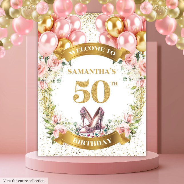 Stilvolle 50. Geburtstag Blush Blume Gold Glitzer Wandteppich (Stylish 50th Birthday Blush Flowers Gold Glitter Tapestry)