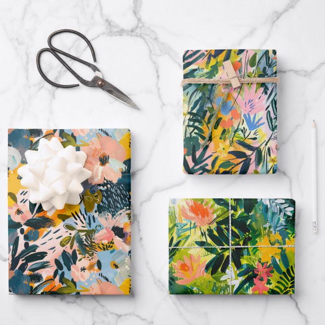 Stilvolle Abstrakte Botanische Kunst Muster Geschenkpapier Set (Vorderseite)