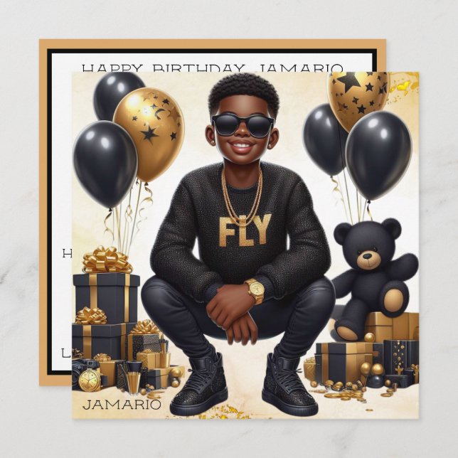 Stilvolle Afroamerikanerin Black/Gold zum Geburtst Karte (Vorne/Hinten)