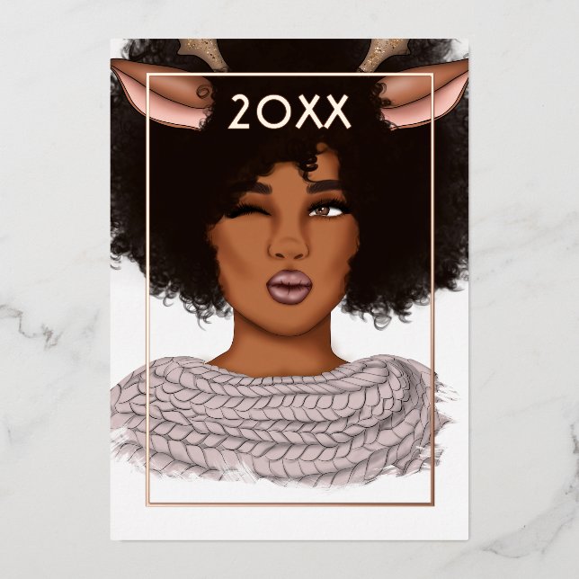 Stilvolle Afroamerikanerin Reindeer Weihnachten Folien Feiertagskarte (Vorderseite)