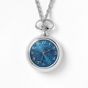 Stilvolle Anhängeruhr + Kette Blaues Zifferblatt Armbanduhr