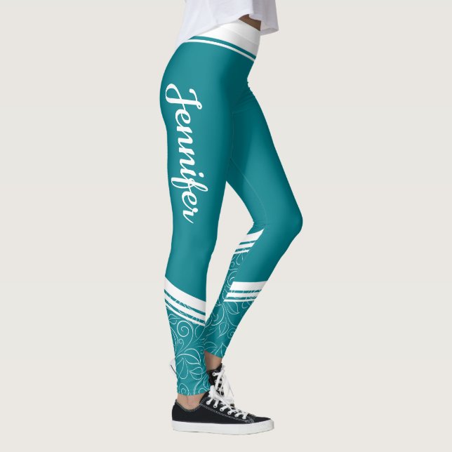 Stilvolle, aquamarin blaue, blumenweiße Streifen u Leggings (Rechts)