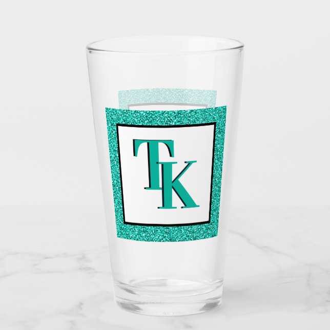 Stilvolle Aquamarin Blue Glitzer Glam Monogram Ini Glas (Vorderseite)