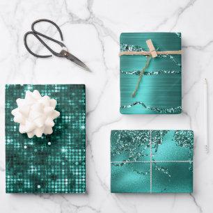 Stilvolle Aquamarine Glitzer- und Marmoreffektmust Geschenkpapier Set